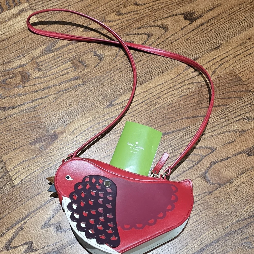Kate Spade New York Ooh La La Red Carpet Bird Crossbody Purse Leather - Picture 2 of 5